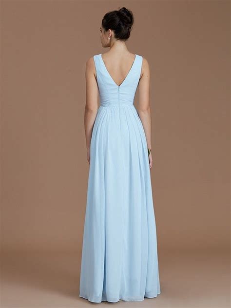 A Line Princess V Neck Sleeveless Ruched Floor Length Chiffon