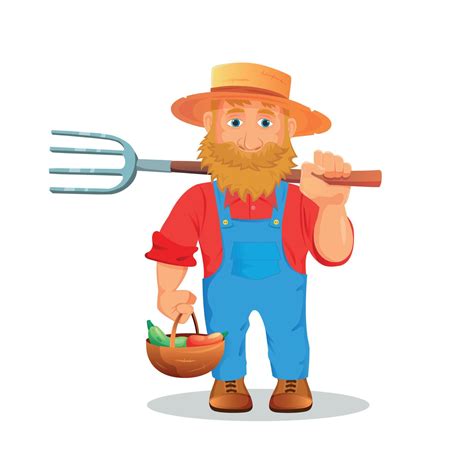 Happy Male Farmer Holding A Basket With Vegetables And Pitchfork