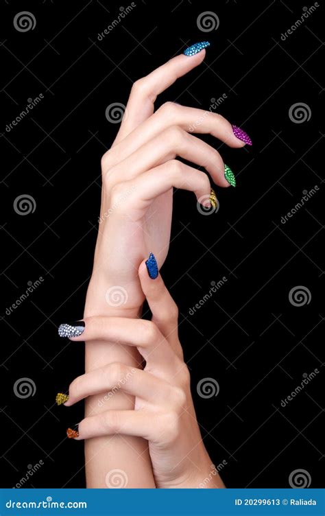 Hands With Perfect Sparkling Colourful Manicure Stock Image Image Of