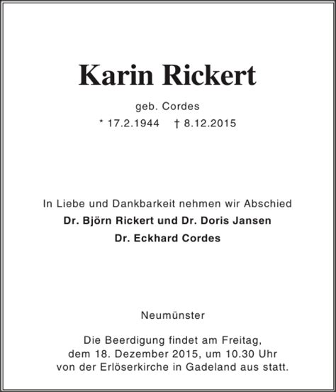 Traueranzeigen Von Karin Rickert Sh Z Trauer