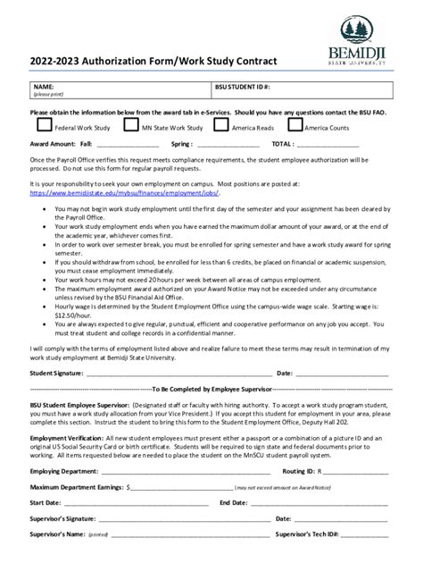 Fillable Online 2022 2023 Federal Work Study Authorization Form Student