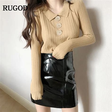 Rugod New Sweater Women Long Sleeve Knitted Solid Pullovers Turn Down