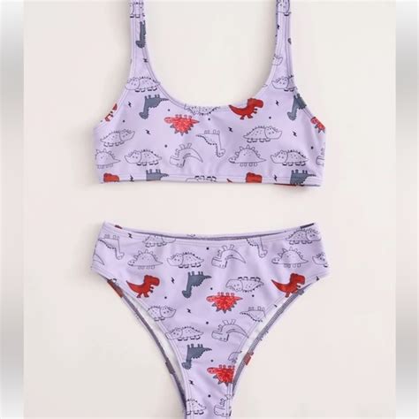 ROMWE Swim Lavender Purple Dinosaur Printed Piece Bikini With Cheeky Bottoms Poshmark