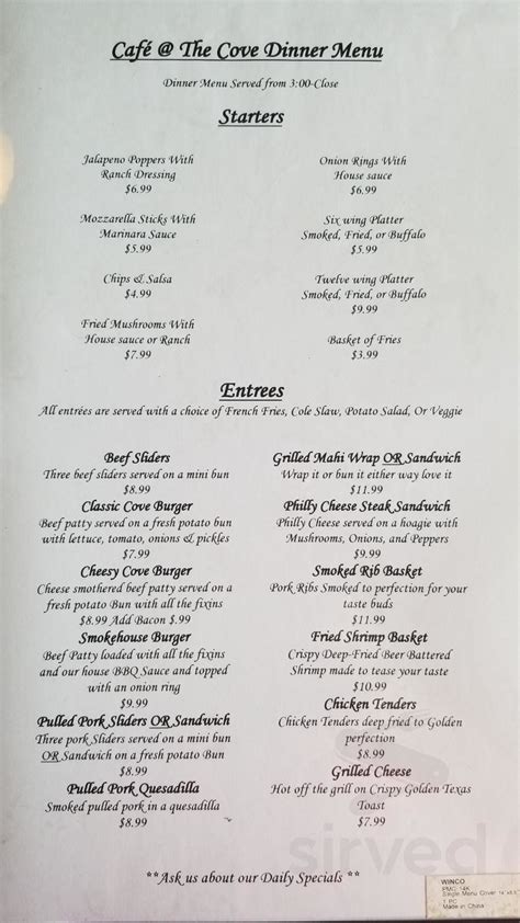 Menu - Palatka FL's Crystal Cove Riverfront Resort & Suites Palatka ...