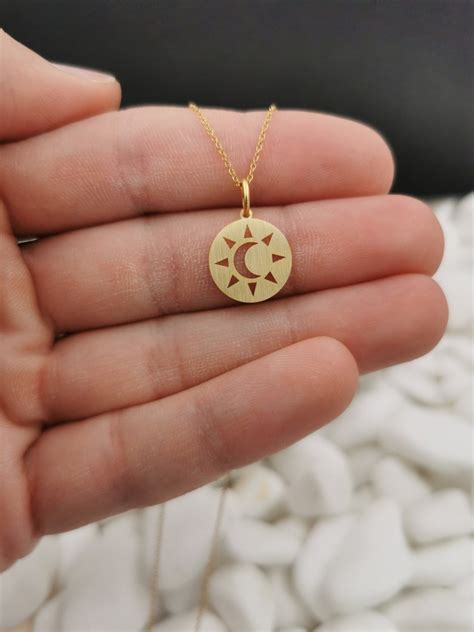 Dainty K Solid Gold Moon And Sun Necklace Personalized Sun Etsy