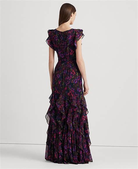 Lauren Ralph Lauren Womens Floral Ruffle Trim Georgette Gown Macys