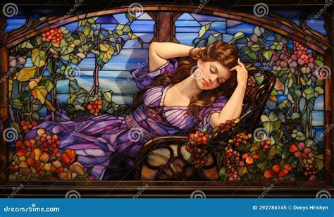 Photo Of A Woman Sitting In Front Of A Beautiful Stained Glass Window Painting Stock