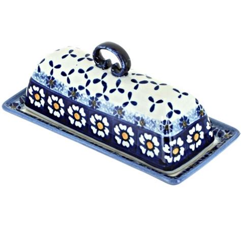 Blue Rose Polish Pottery Country Blue Daisy Butter Dish : Target