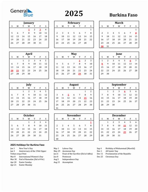 Free Printable 2025 Burkina Faso Holiday Calendar