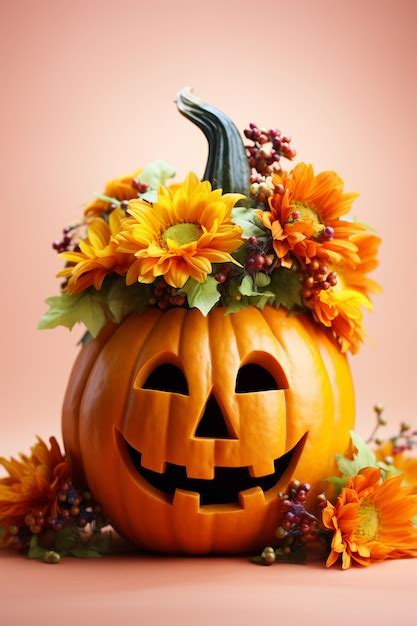 Free Photo Carved Pumpkin And Flowers Arrangement