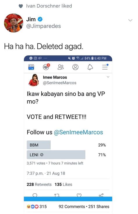 'Imee Marcos' deletes "Sino ang VP mo?" poll when Leni Robredo scores ...