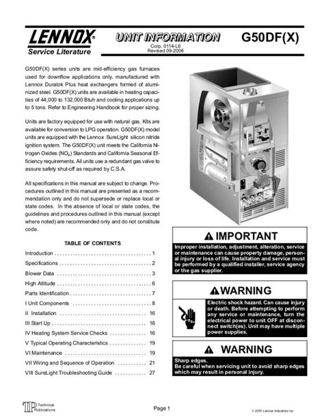 Lennox Furnace Service Manual For Model G50DF