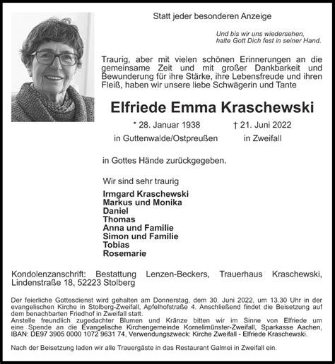 Traueranzeigen Von Elfriede Emma Kraschewski Aachen Gedenkt