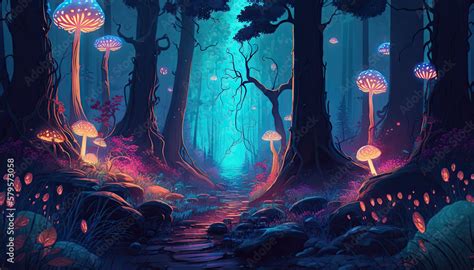 Glowing Mushrooms Mystical Forest Halloween Theme Sci Fi Landscape