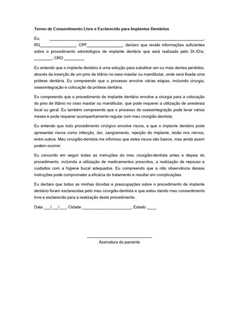 Implantes Termo De Consentimento Livre E Esclarecido Pdf
