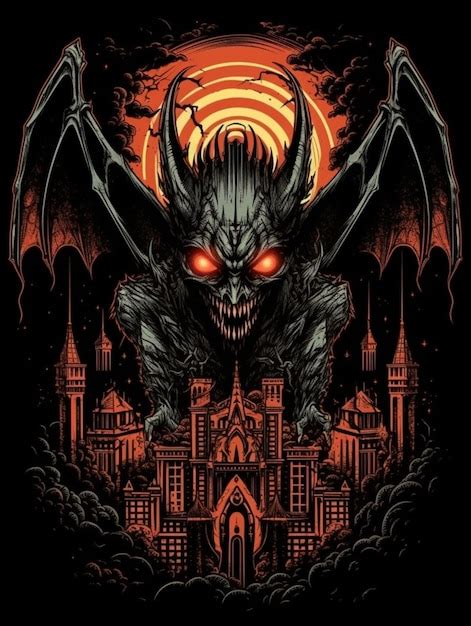 Premium Photo A Black And Red Poster With A Demon Flying Over A City