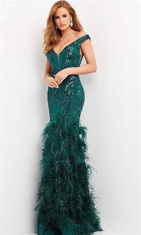 Jovani 05660 Off Shoulder Sequined And Feathered Gown Jovani