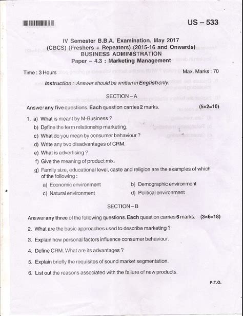 Bangalore University B B A Business Administration Paper