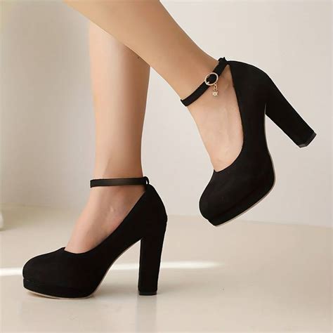 Womens Platform Chunky High Heels Black Round Toe Ankle Buckle Strap Pumps Versatile Dress Heels