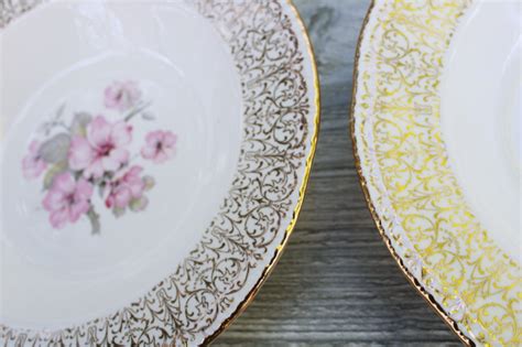 1940s Vintage Homer Laughlin Soup Bowls Gold Filigree Border Pink Apple