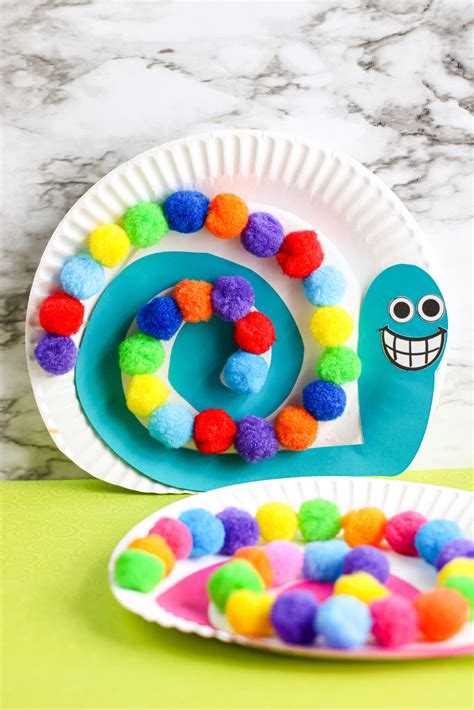 Colorful And Fun Pom Pom Snail Paper Plate Craft For Kids