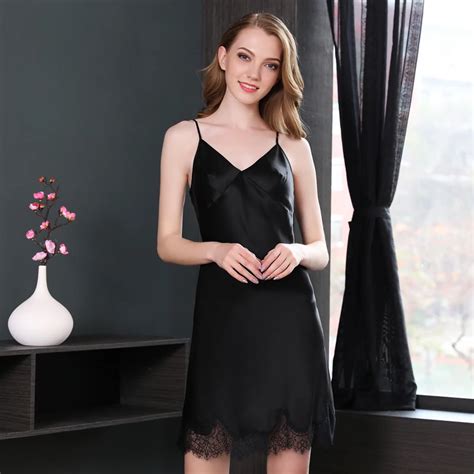 Genuine Silk Nightgowns Summer New 100 Silk Sleepwear Women Sexy Black