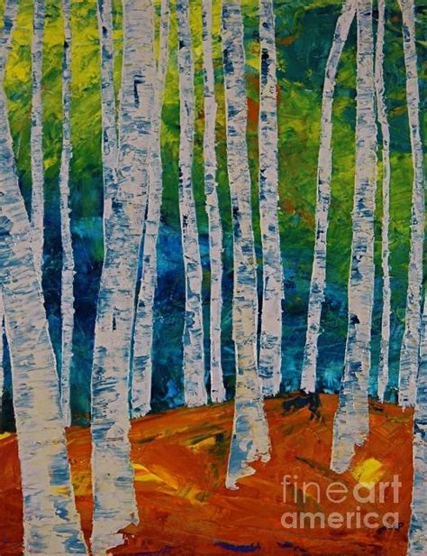 an abstract painting of white birch trees in the woods with red dirt ...