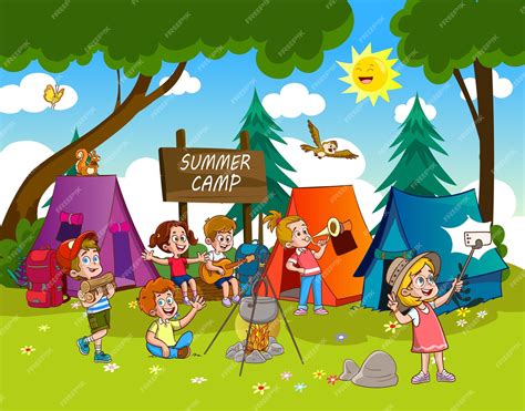 Premium Vector Happy Kids By Bonfire In Summer Camp Kids Taking