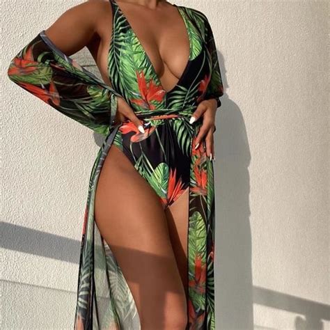 Dames mode fleur feuille impression serré Bikini évider Sexy femmes une pièce maillot de bain