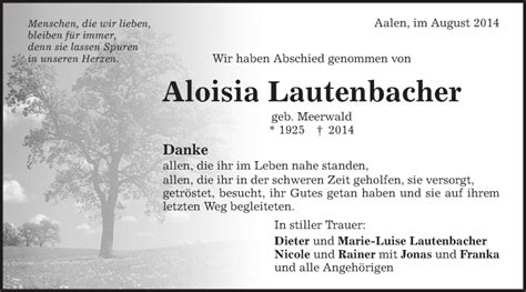 Traueranzeigen Von Aloisia Lautenbacher OstalbTrauer