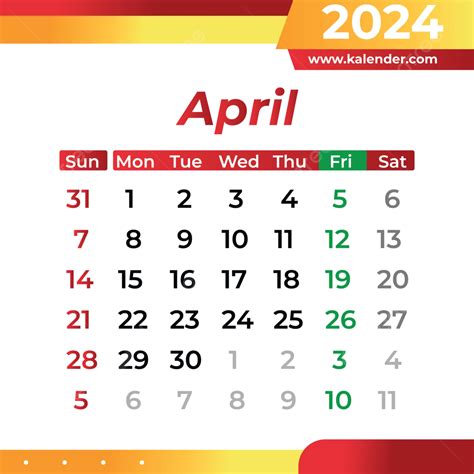 April Calendar 2024 Vector Red And Yellow Gradient Color 2024 Calendar