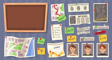 Cartoon Detective Board Elements Investigation Clues And Evidence Maps