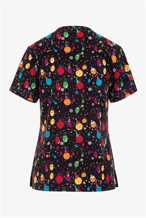 Green Town Merry And Bright Ornament Party Women S 3 Pocket Stretch V Neck Print Scrub Top