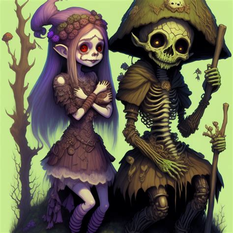 KREA AI Goblin Girl Druid Hugging A Skeleton Girl Dressed