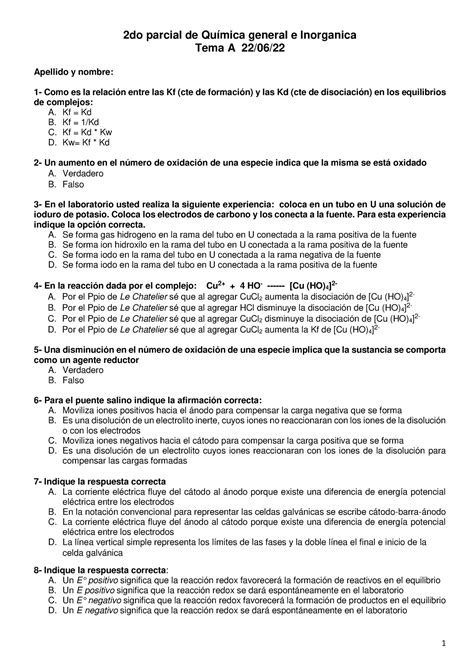 2do parcial TA de Química general e Inorganica 2do parcial de Química