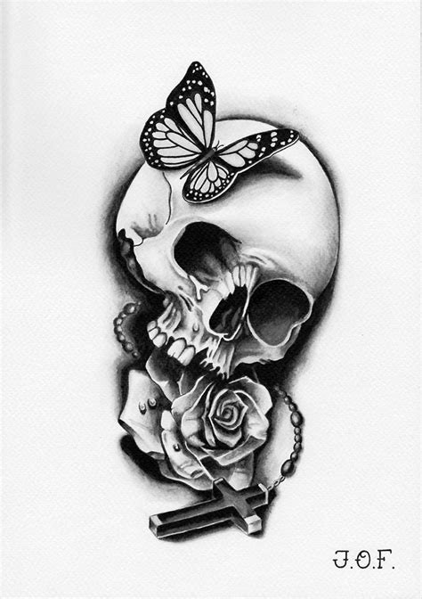 Grayscale Butterfly Skull Rose Cross 052015 Feminine Skull Tattoos Skull Tattoo Skull