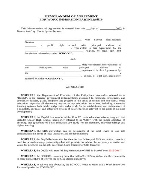 Memorandum Of Agreement For Work Immersion Partnership Doc Template