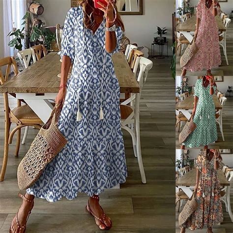 Women Floral Long Dress Retro V Neck Half Sleeve Dress Casual Boho