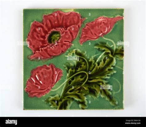 Antique 1900s Corn Bros Art Nouveau Pink Poppy Pottery Tile Stock Photo