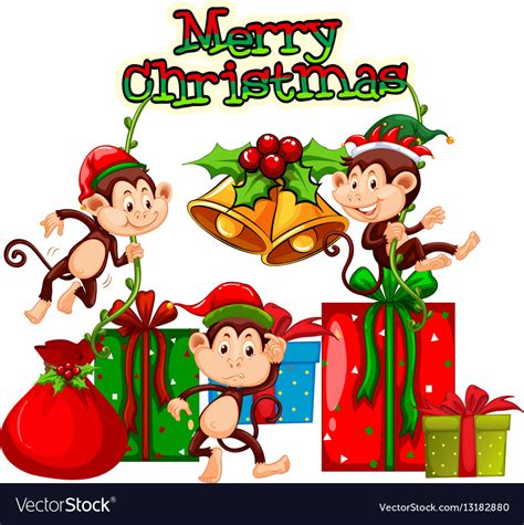 Christmas Theme With Monkeys And Presents Vector Image