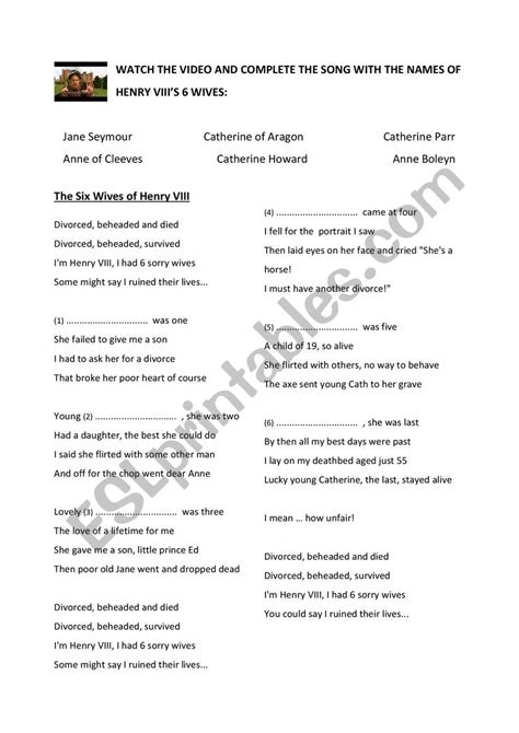 HENRY VIII - SONG - ESL worksheet by silvialg