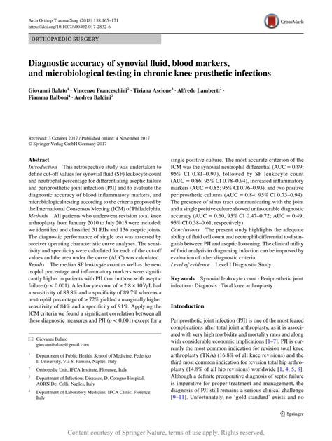 Diagnostic Accuracy Of Synovial Fluid Blood Markers And