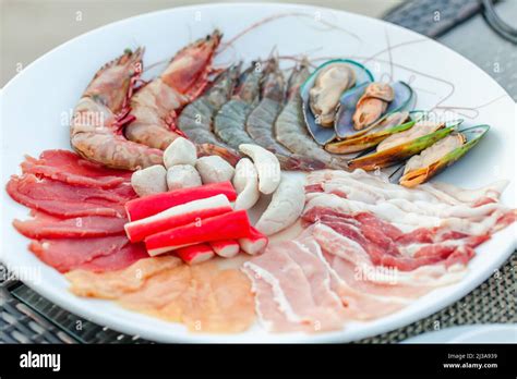 Assortment Of Fresh Seafood Meat For Cooking In Grill Or Hot Pot Asian Food Stock Photo Alamy