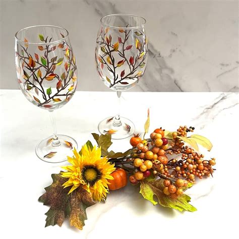 Wine Glass Fall Leaves Hand Painted Etsy