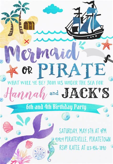 Mermaid And Pirate Joined Birthday Party Invitations Artofit