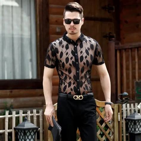 Summer Sexy Mens See Through Lace Floral Shirt Male Hollow Embroidery