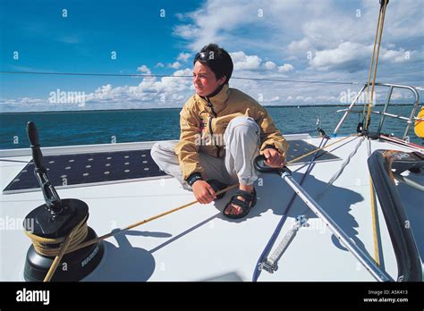 Ellen Macarthur British yachtswoman sailing in the Solent near Cowes ...