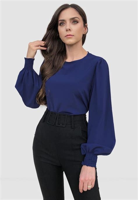 Blusa Hora De Diva Mangas Longas Bufante Azul Marinho Blusas