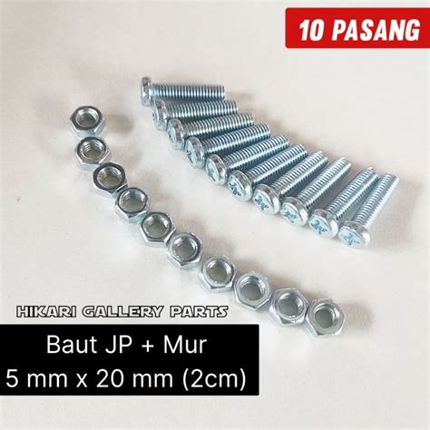 10 Set Baut JP Mur 5x20mm Galvanis Diameter 5mm Panjang 20mm 2cm