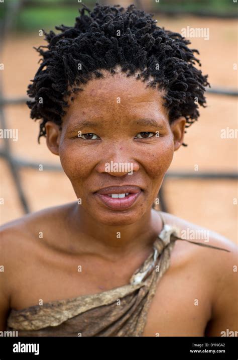 Bushman Woman With Traditional Hairstyle Tsumkwe Namibia Stock Photo